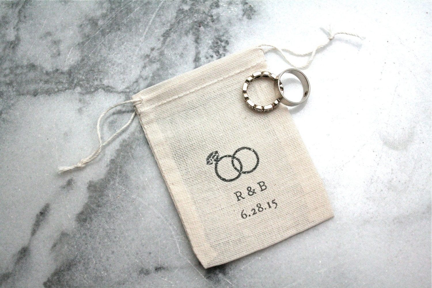 Personalized muslin wedding ring bag. Rustic ring pillow