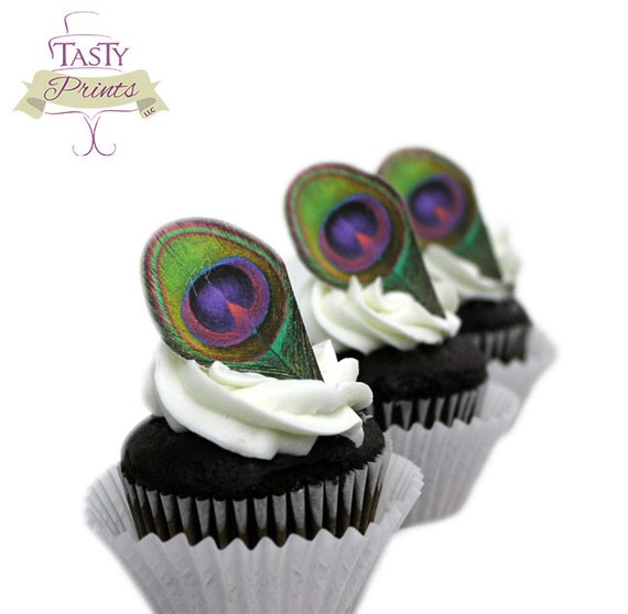 24 EDIBLE Peacock Feathers - Purple Fuchsia - Cupcake topper - cake decoration Il_570xn