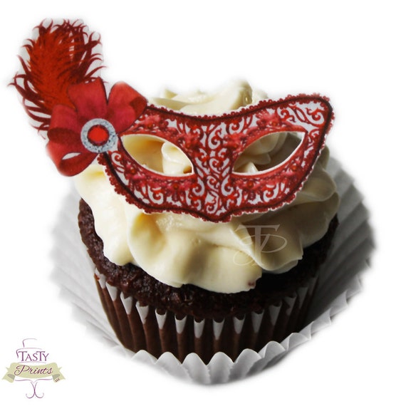 12 Edible Decorations - Masquerade Food Decorations -Red Masquerade Mask Cupcake Topper Il_570xn