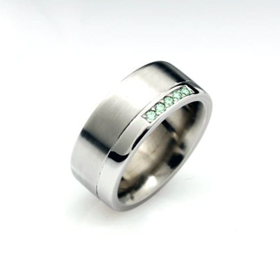 Items similar to Green diamond ring, white gold, men's wedding band