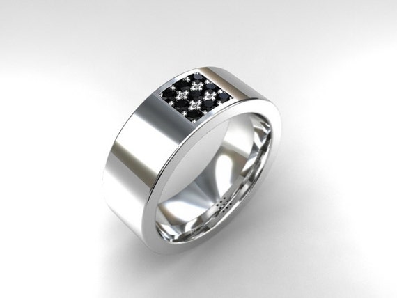 Black diamond ring, white gold, mens wide wedding ring, men's modern ...