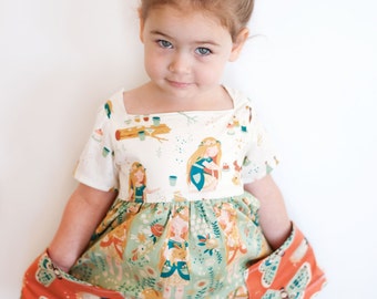 Sally Dress Sewing Pattern Vintage Modern Large Pockets Square Neckline No Closures Size 2T-8