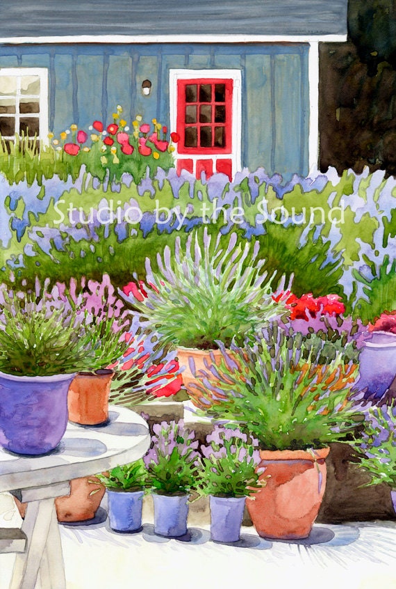 Pots of Lavender fine art print by Kathy Johnson depicting a lavender farm house with potted flowers in blue, purple, lavender, green, red