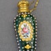 VICTORIAN 1800s Sevres French Pink Rose Florals Green Glass Milk Bead & Gold CHATELAINE Scent Perfume Bottle..Brass Cap Chain Finger Ring