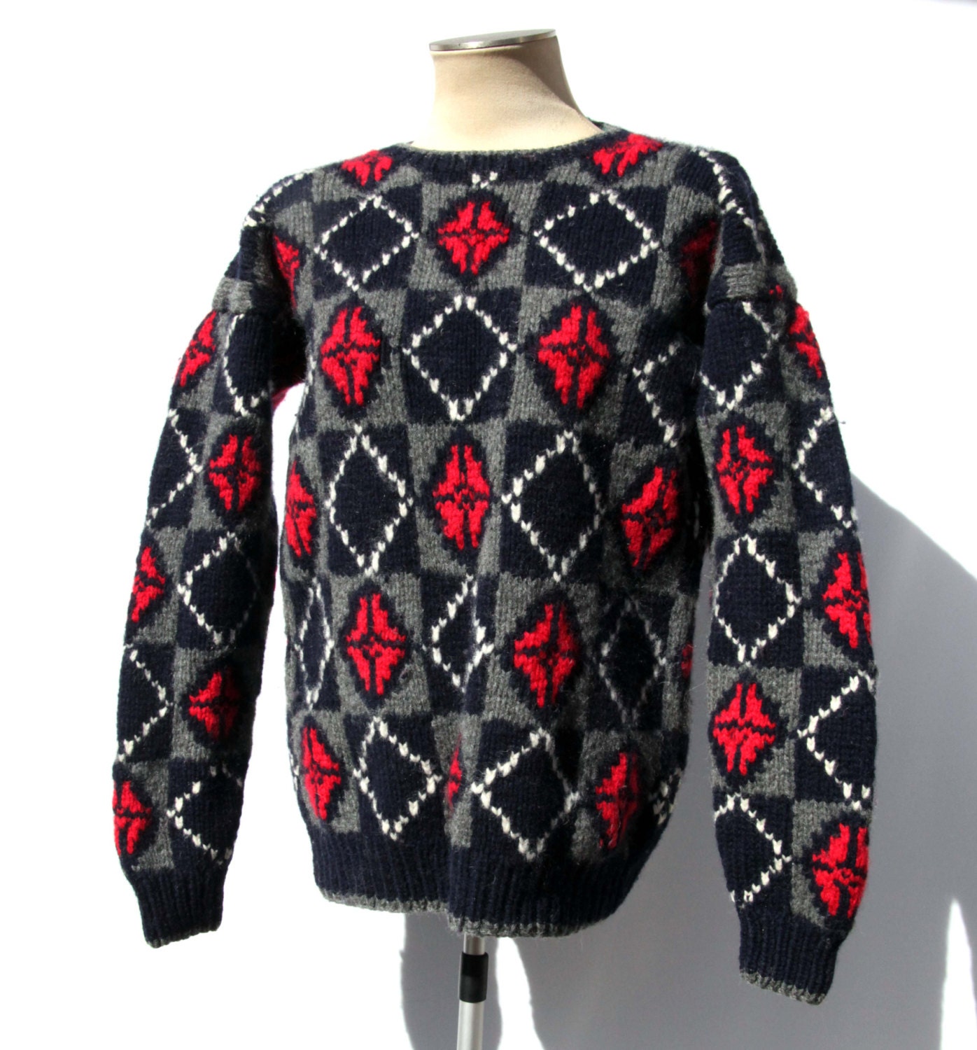 Wool Cowichan Style Sweater Navy Blue Charcoal Grey Poppy Red