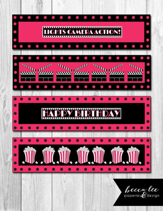 INSTANT DOWNLOAD - Water Bottle Labels - Movie Theme - Pink Black and White - DIY - Printable Il_570xn