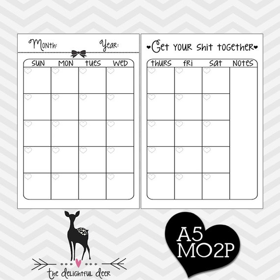 Filofax Printable Month on 2 Pages MO2P A5 by TheDelightfulDeer