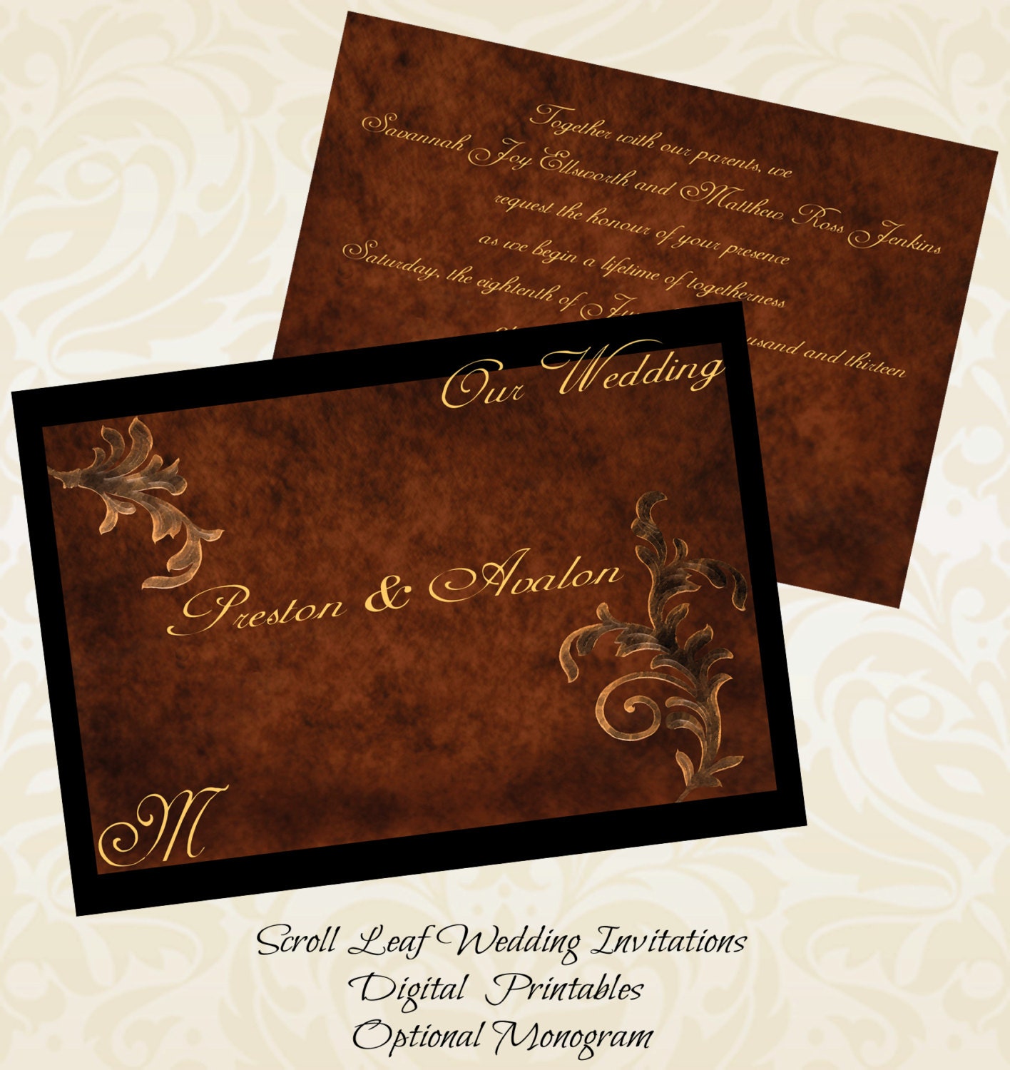 Scroll Leaf Wedding Invitation Rustic Wedding Country Wedding
