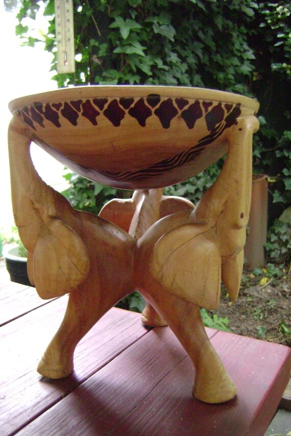 Hand Carved Elephant Pedestal BOWL Kenyan Teakwood with