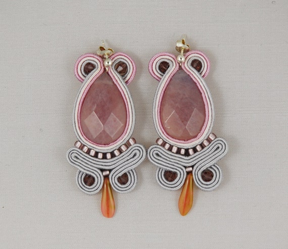 Lavandula Soutache Earrings in light grey, light pink and lavender colours with Aventurine Faceted Gemstone