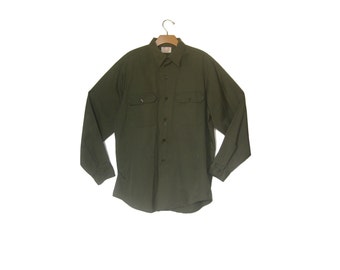 Vintage Work Shirt Sears Olive Drab Army Perma Prest Large