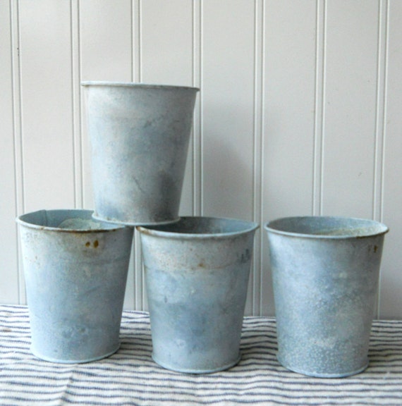 4 vintage zinc pots galvanized planters vases cups Vintage