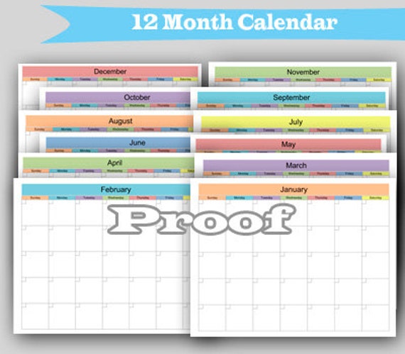 items similar to 12 month calendar printable monthly calendar