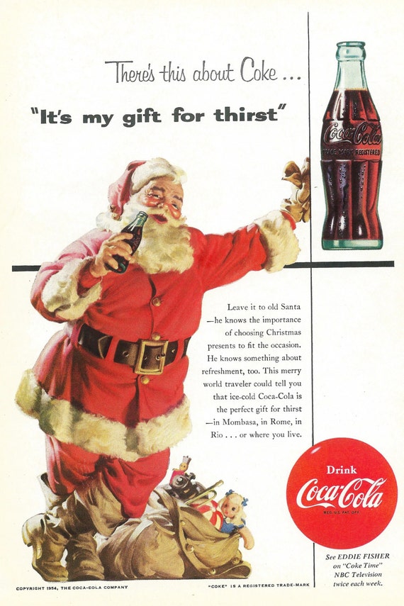 Vintage Christmas Coke Ad 1954 Santa Claus with Bag of Toys