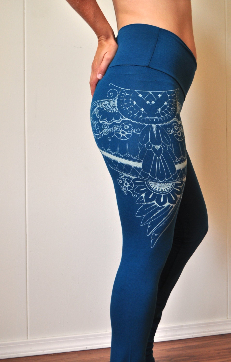Teal Leggings High Waisted Leggings Eagle Wing Henna Print
