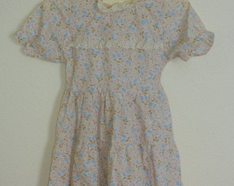 Vintage Toddler Baby Girls Dress Spring Summer Easter Cream Beige with Blue Pink Flowers Leaves