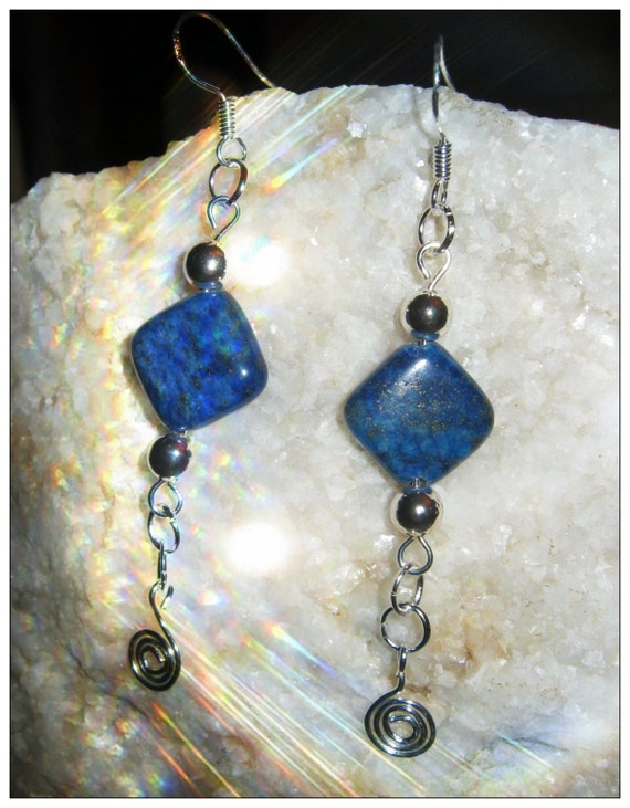 Handmade Silver Earrings with Square Lapis Lazuli by IreneDesign2011