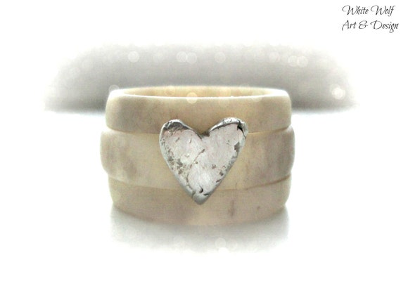 Antler ring, antler wedding ring for her, rustic silver heart