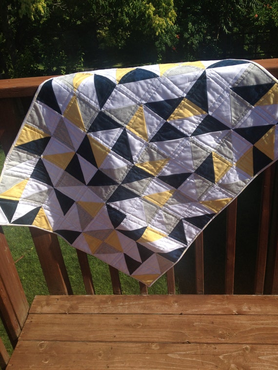 Beautiful Blue, Grey, Yellow, and White Triangle Modern Baby Quilt