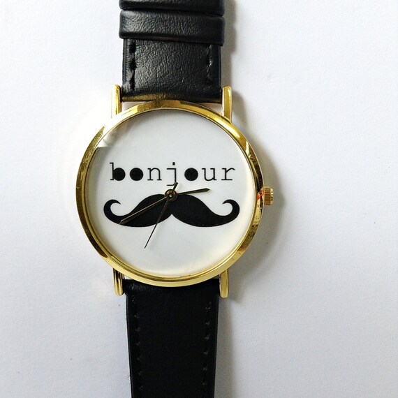 Bonjour Moustache montre, montre en cuir de Style Vintage, femmes montres, montres unisexe, copain Black Watch