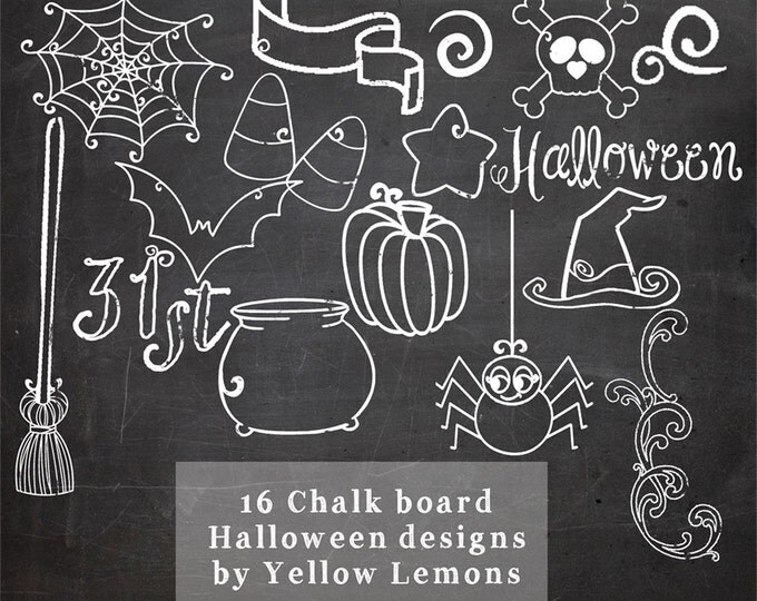 Halloween clip art "Spooky Chalk" October, no background, chalk look, pumpkins, witches, spider, bat, candy, 31st, broom, banner, scary