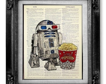 R2D2 Retro STAR WARS Poster Art, Nerd Art, Nerd Poster, Old School Movie Geekery Poster Print on Dictionary Paper - 3D Glasses Robot Popcorn