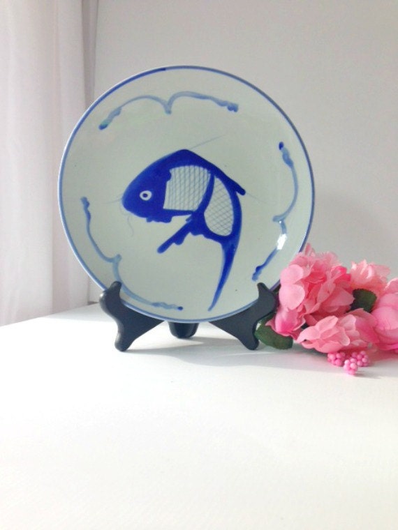 Blue and White Asian Decorative Plate with Koi Fish Motif Blue and White Decor Asian Decor Chinoiserie Plate Chinoiserie Decor Koi Fish