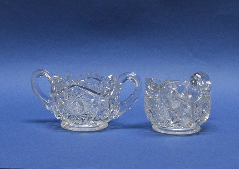 Vintage Crystal Creamer and Sugar Bowl Sawtooth Rim