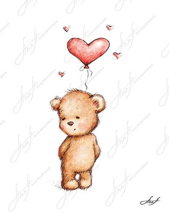 The drawing of cute teddy bear with the red heart balloon.