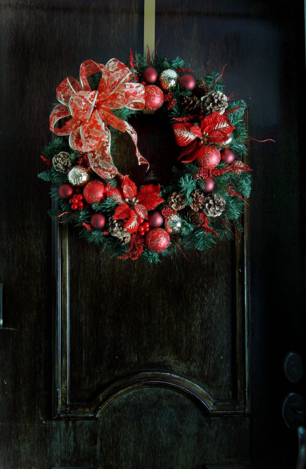 Beautiful 22" Red and Gold Poinsettia Artificial Pine Christmas Wreath with Red and Gold Wire Ribbon