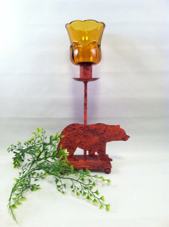 Grizzly bear candle holder with amber globe. FREE US SHIPPING