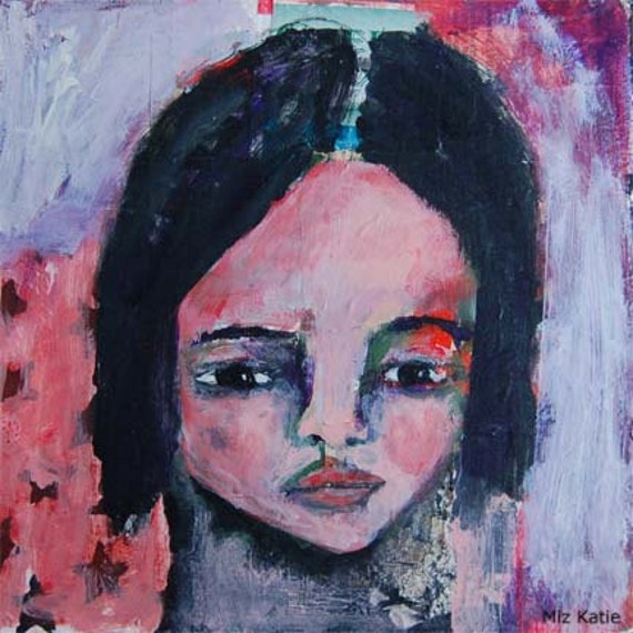 Acrylic Portrait Collage Painting 8x8 Canvas Original, Mixed Media, Girl, Face, Big Hair, Peachy Pink, Dream Dream Dream