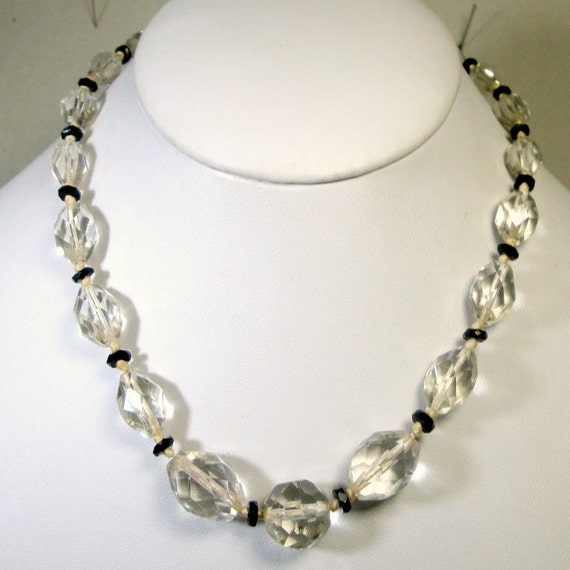 Antique Black and Clear Glass Bead Necklace by VintageStarrBeads