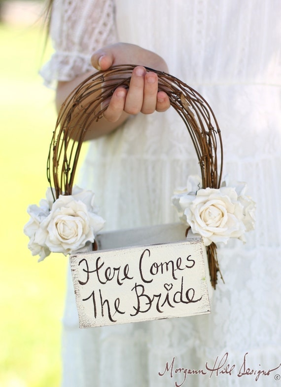 Here Comes The Bride Flower Girl Basket Rustic Country Wedding