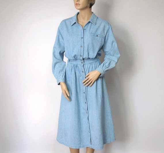 Denim Dress Shirtwaist Vintage Eddie Bauer Button Front Blue