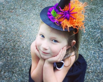 mini witch hat, witch headband, halloween flower headband,orange purple black headband, photo prop, feather headband, baby headband,glitter