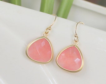 Coral Earrings, Gold Earrings, Coral Bridesmaid Earrings, Wedding Jewelry, Coral Bridal Earrings Bridesmaid Gift Coral Pink Peach Earrings