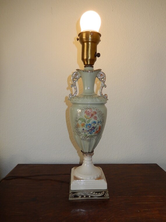 VINTAGE LAMP Green ceramic porcelain gold trim 1950s Lighting