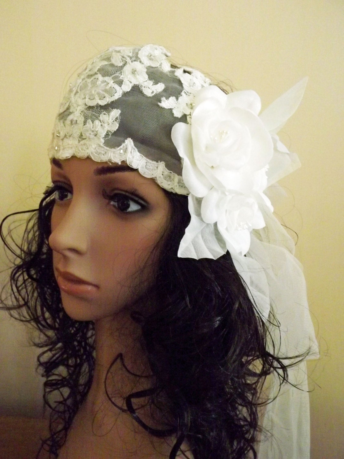 Juliet Cap Wedding Headpiece Ivory Chantilly Lace Gatsby