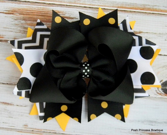 Items similar to Girls Hair bow, Black, White, Yellow ...