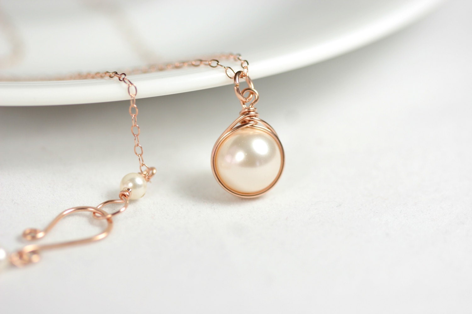 Rose Gold Necklace Wire Wrapped Jewelry Handmade Pearl