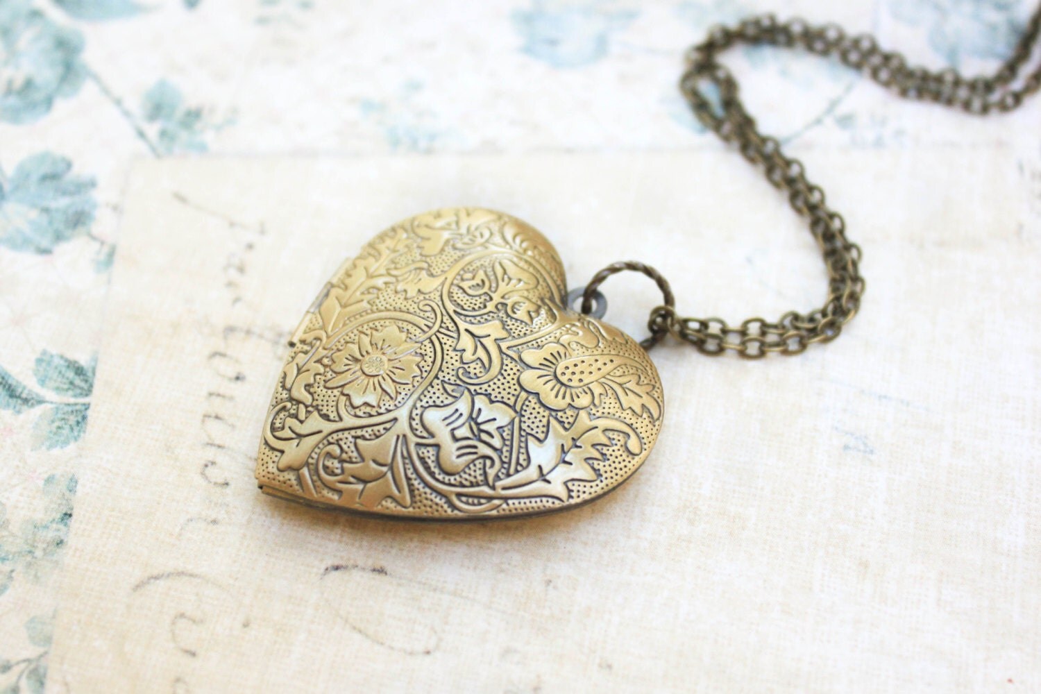 Large Heart Locket Necklace Gold Floral Picture Locket Pendant