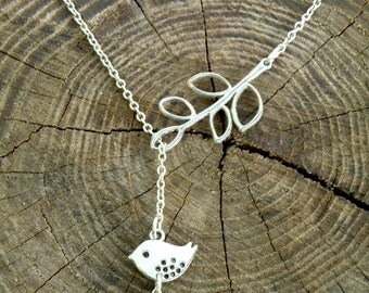 Lariat necklace silver chain necklace mint bridesmaid gift bird necklace bridesmaid jewelry xmas gift for mom branch necklace leaf necklace