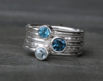 Deep Sea Stacking Rings, London Blue Topaz Swiss Blue Topaz Aquamarine, Sterling Silver, Set of Five, Stackable Rings, Stack, Gemstone Jewel