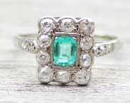 Art Deco 1920s Diamond and Emerald Engagement Rectangular Cluster Ring 18ct White Gold Old Cut Diamonds Cushion Cut