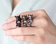 YaciKopo handmade cat with fish ring black / silver / golden colour