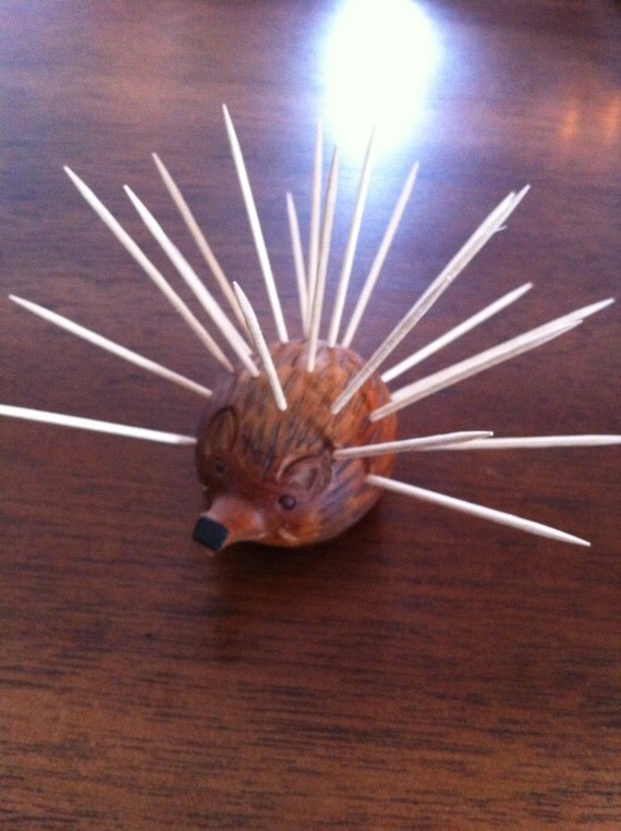 Carved wood Hedgehog Toothpick holder for hor d'oeuvres
