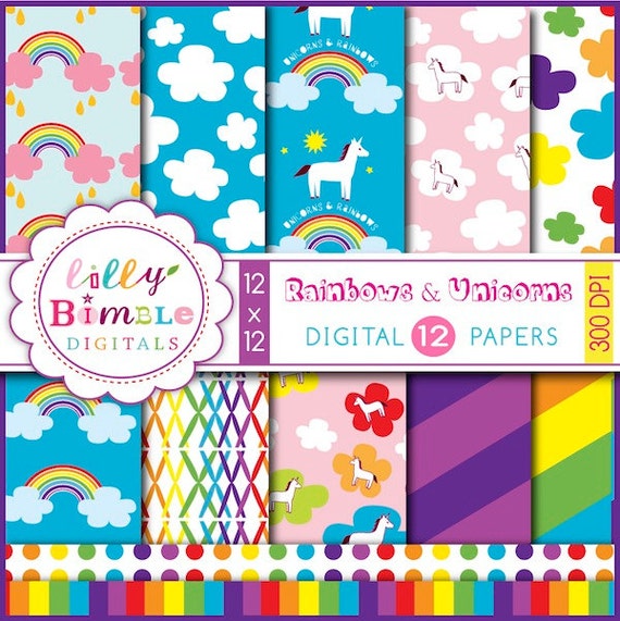Rainbows and Unicorns digital papers for invites, cards, scrapbooking Instant download Il_570xn