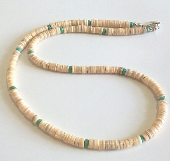Mens Natural Shell and Turquoise Bead Necklace Mens or Womens
