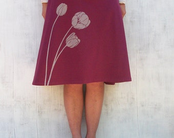 Organic Jersey Knit Skirt- Knee Length Skirt for Women - Stretchy Wine Skirt- A Line Floral Skirt- Comfy Spandex Skirt - Graphic Skirt